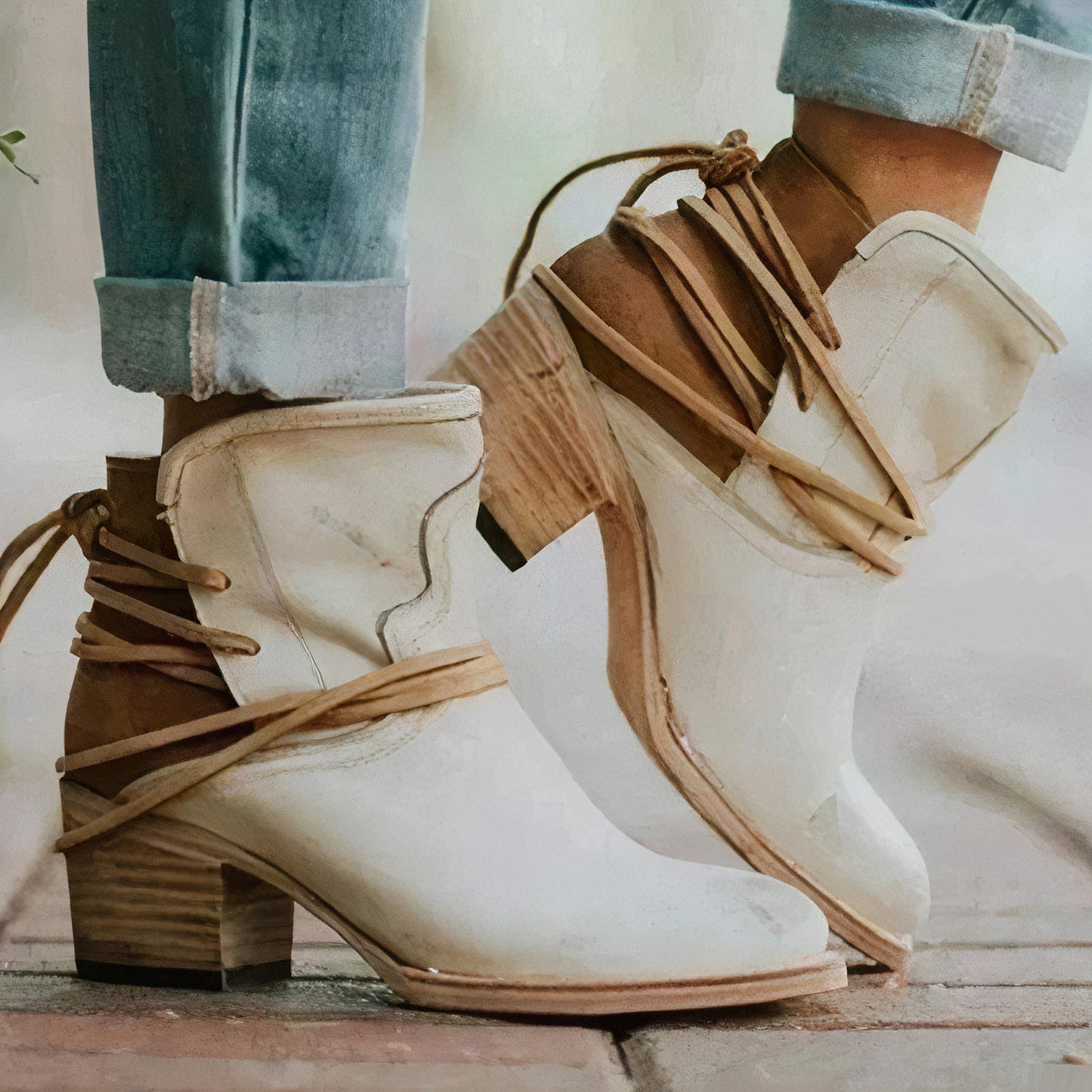 Women's Ankle Boots - Block Heel - Western-Inspired - Lace Detail