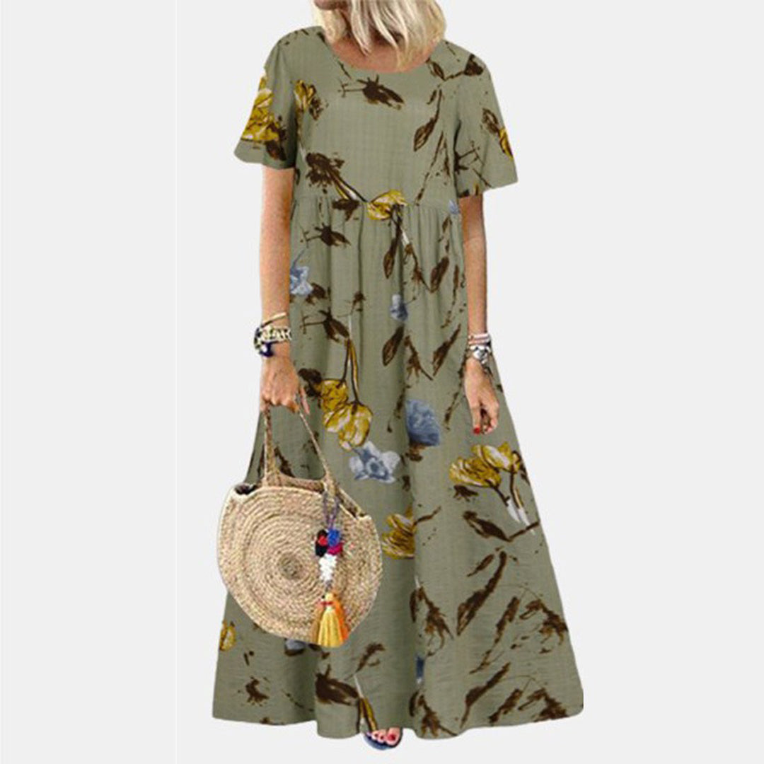 Women's Maxi Dress - Flowy Loose Fit - Short Sleeve Elegant Floral Print