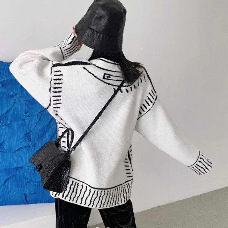 Women's black and white knitted loose slouchy cardigan