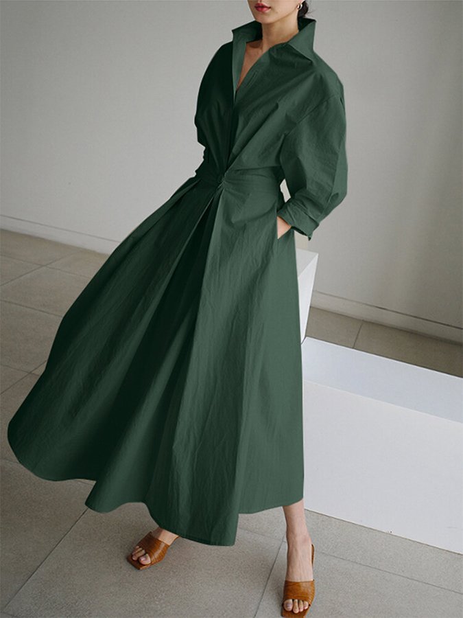 Women’s Midi Shirt Dress – Belted Waist – Collared Neck – Long Sleeve – Button Front