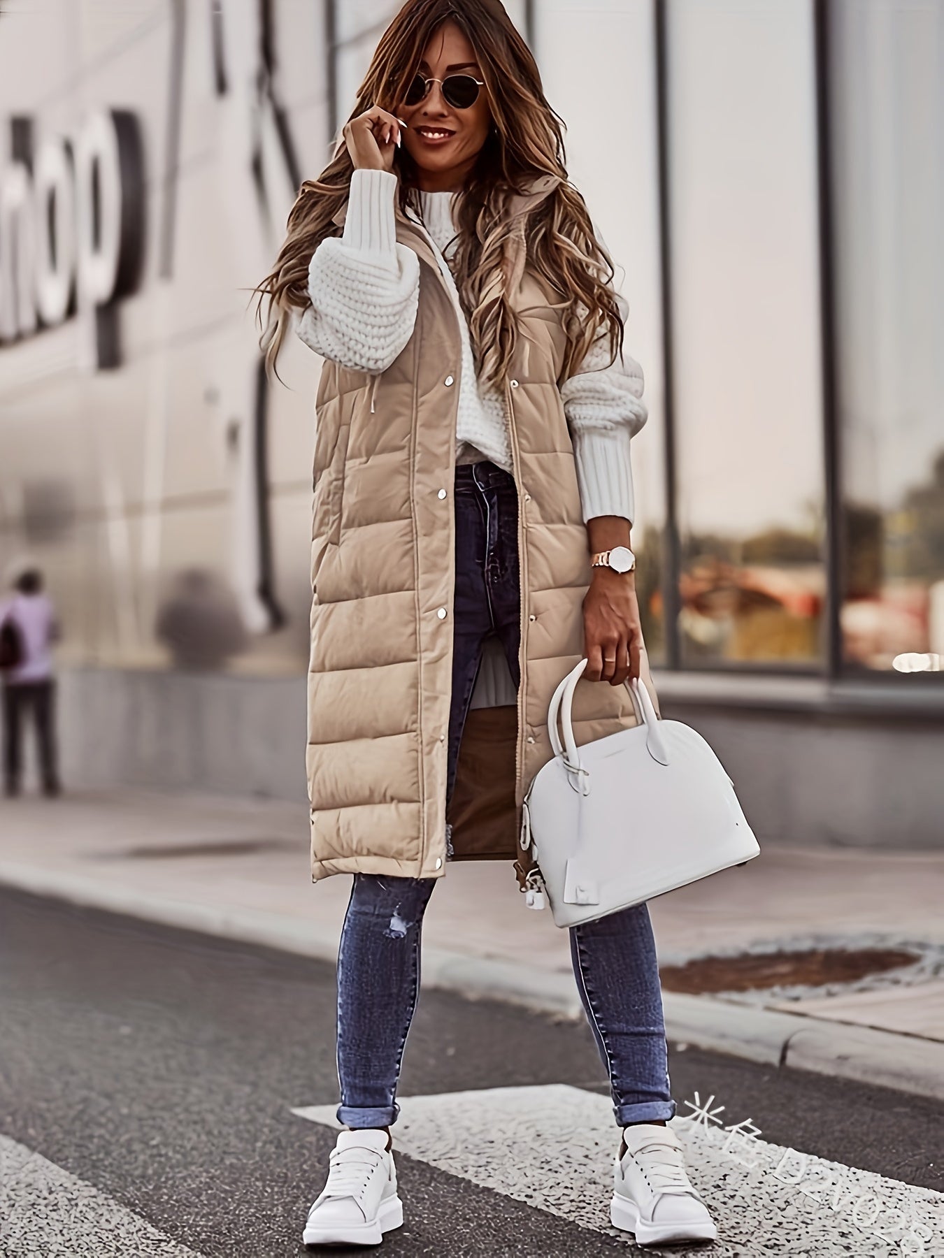 Women's solid color hooded single-breasted mid-length slim cardigan jacket