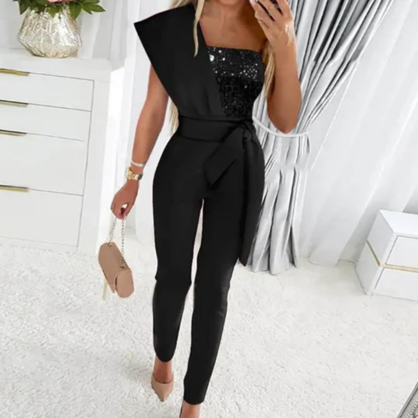 Women's Jumpsuit - One Shoulder Sequin - Waist Tie - Slim Fit Elegant Evening Wear