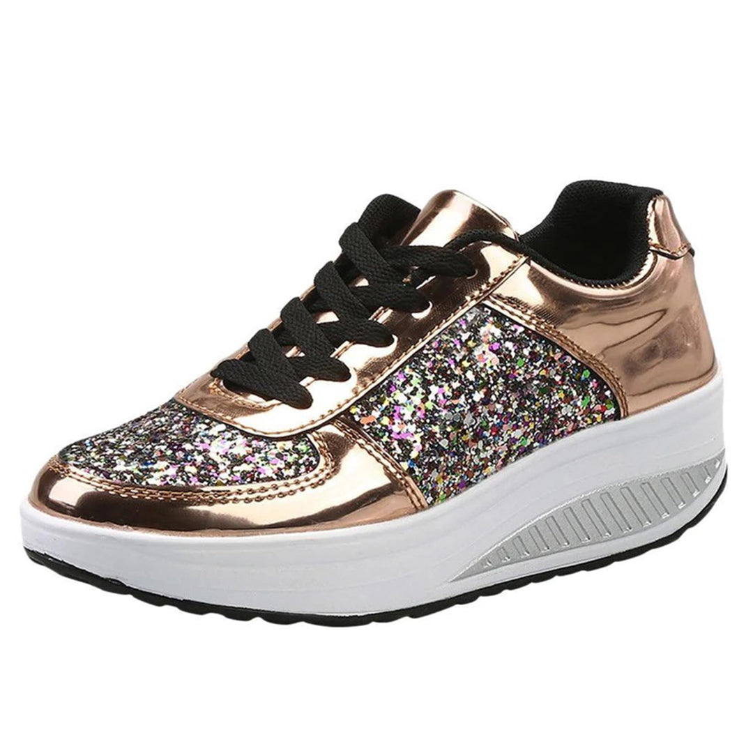 Women's Platform Sneakers - Glitter Embellished - Lace-Up - Fashionable Casual Wear