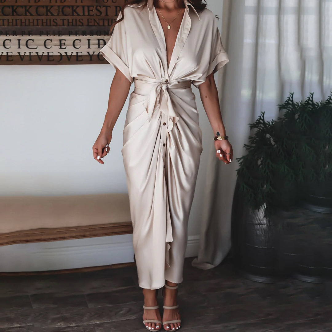 Women's Midi Wrap Dress - Button Down - Waist Tie - Short Sleeve Flowy Fit
