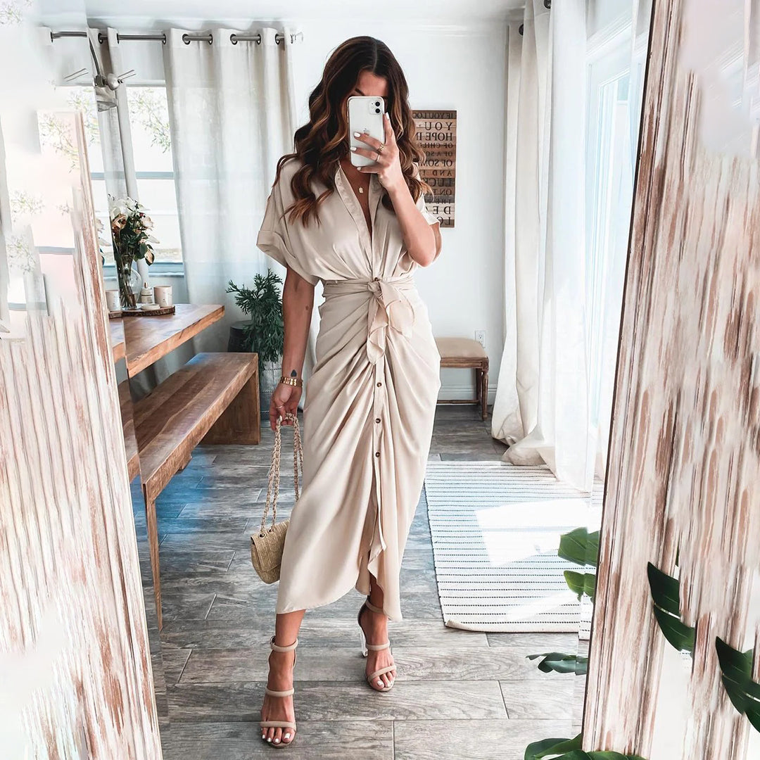 Women's Midi Wrap Dress - Button Down - Waist Tie - Short Sleeve Flowy Fit