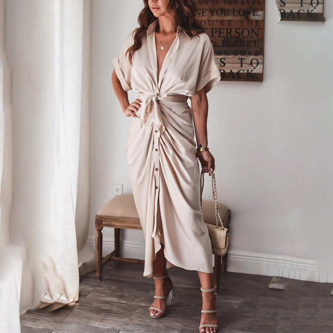 Women's Midi Wrap Dress - Button Down - Waist Tie - Short Sleeve Flowy Fit