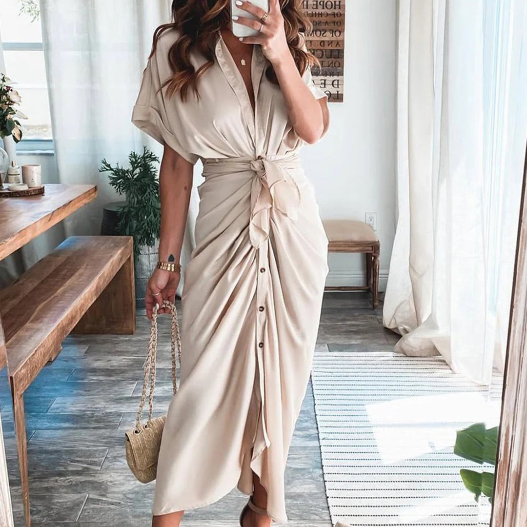 Women's Midi Wrap Dress - Button Down - Waist Tie - Short Sleeve Flowy Fit