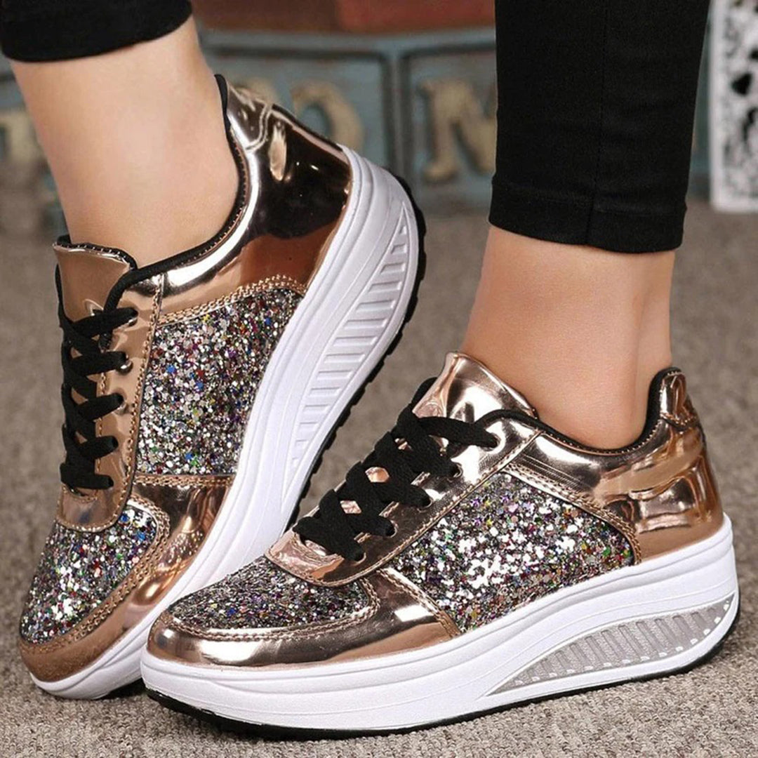 Women's Platform Sneakers - Glitter Embellished - Lace-Up - Fashionable Casual Wear