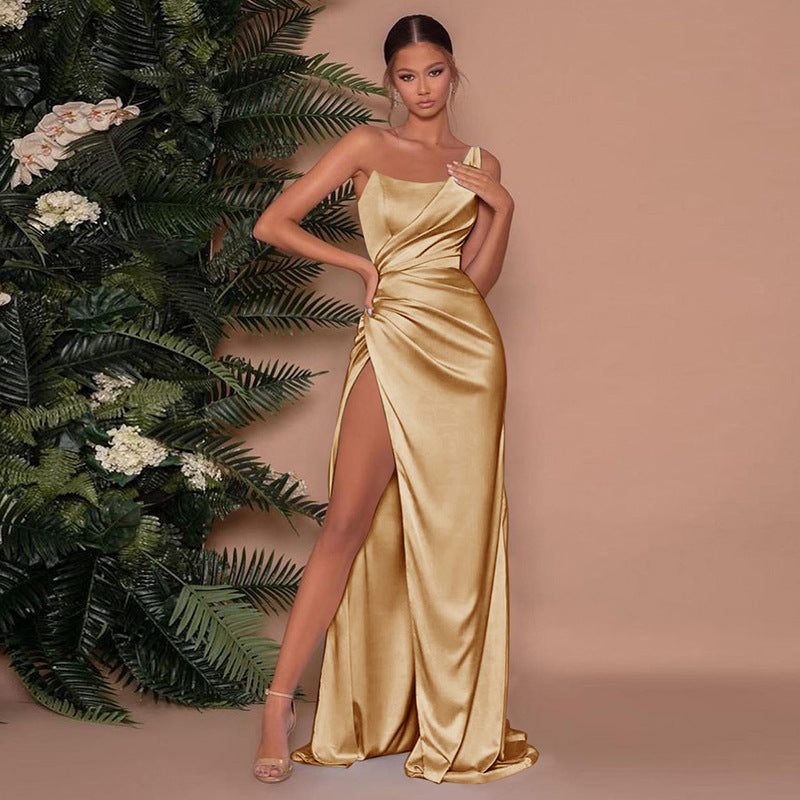 Women's Evening Gown - One-Shoulder Satin Finish - Floor-Length with High Slit