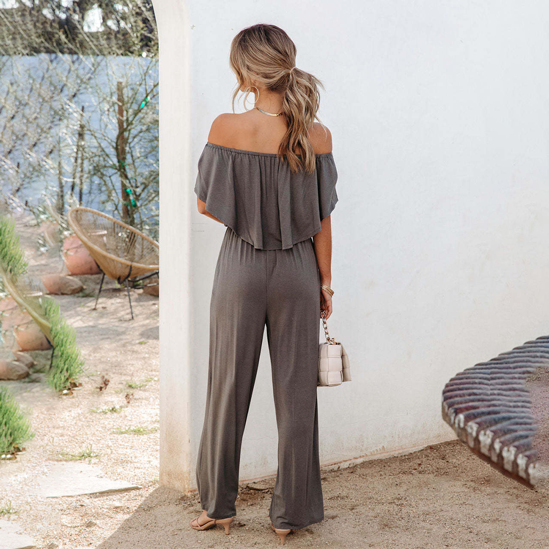 Women's Off-Shoulder Jumpsuit - Ruffled Neckline - Wide-Leg Flowy Fit - Elastic Waist