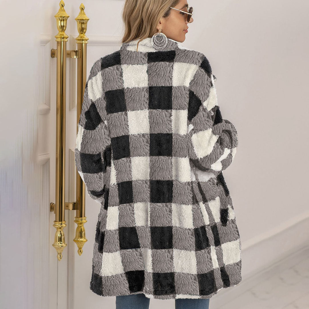 Women's plush plaid midi-length button-down coat