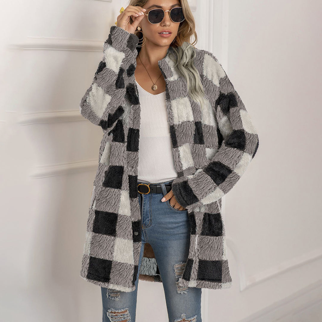 Women's plush plaid midi-length button-down coat