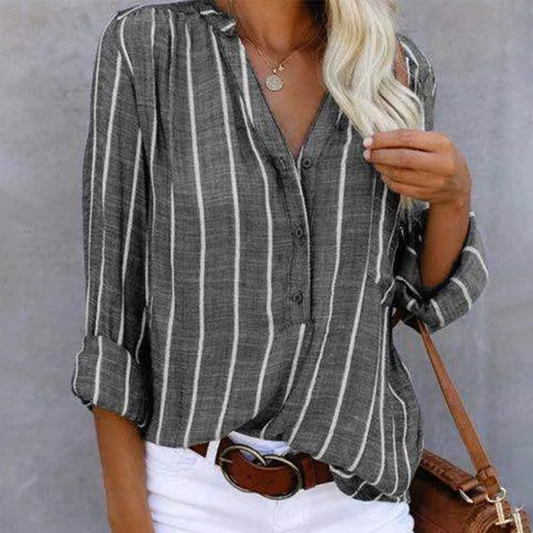 Women's Striped Blouse - V-Neck Buttoned - 3/4 Roll-Up Sleeve - Relaxed Fit