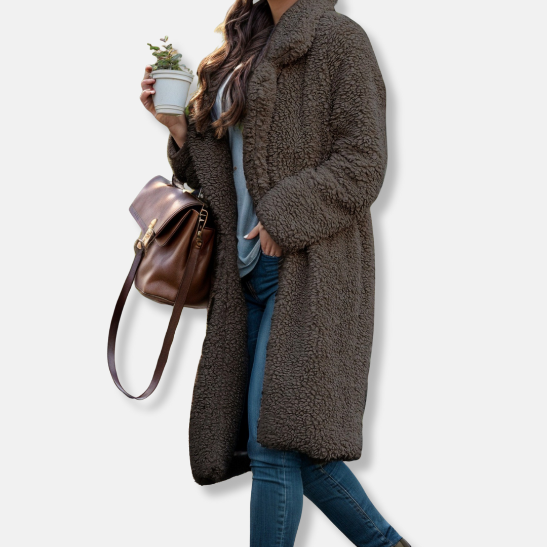 Women’s Trench Coat – Relaxed Fit – Plush Textured Fabric – Notched Lapel – Mid-Calf Length