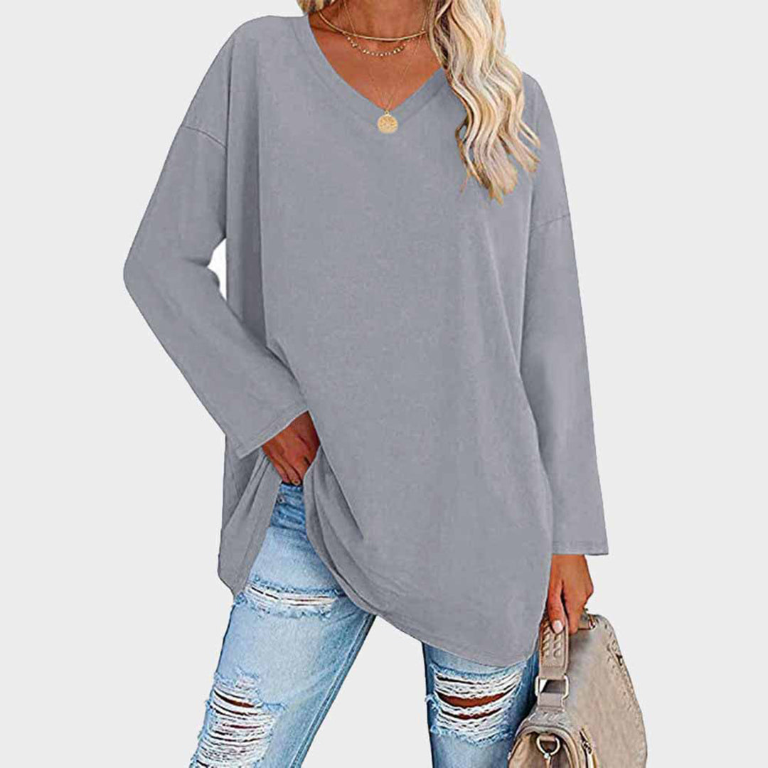 Women's Long-Sleeve Sweater - Loose Fit V-Neck - Soft Knit Casual Tunic