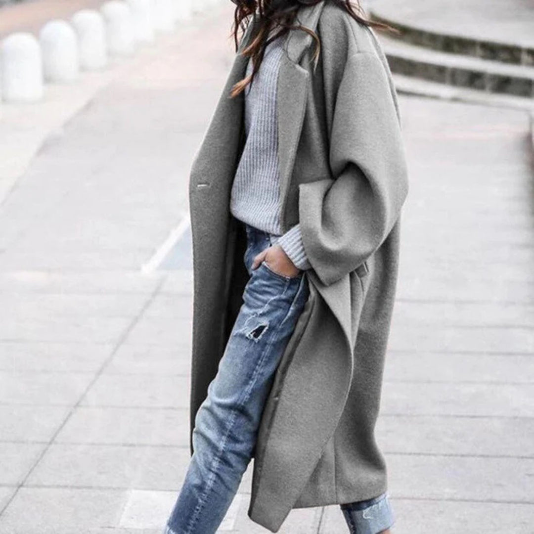 Women's elegant winter lapel one button knee length trench coat