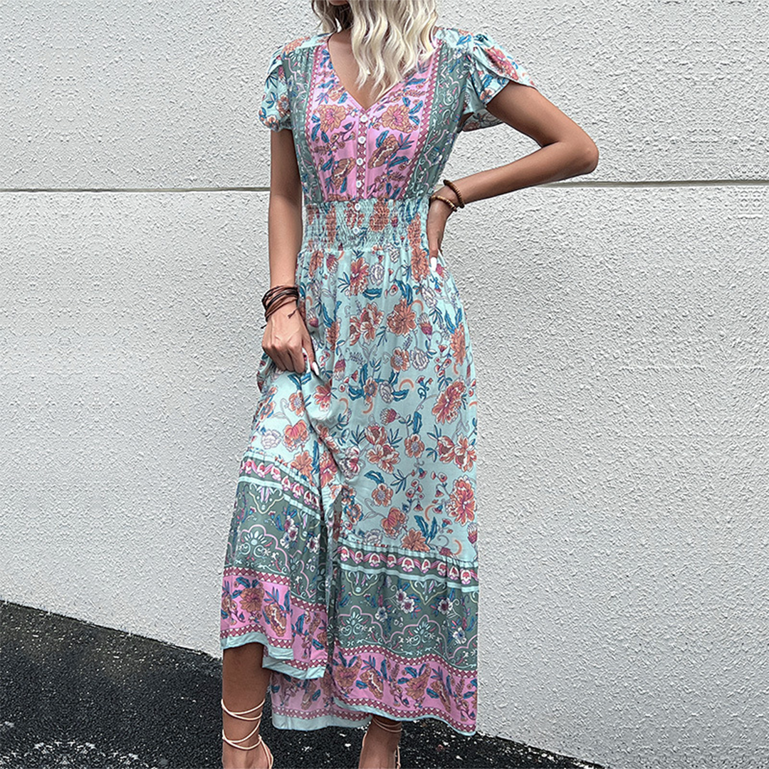 Women's Maxi Dress - Boho Floral Print - Short Ruffled Sleeves - Flowy Elastic Waist