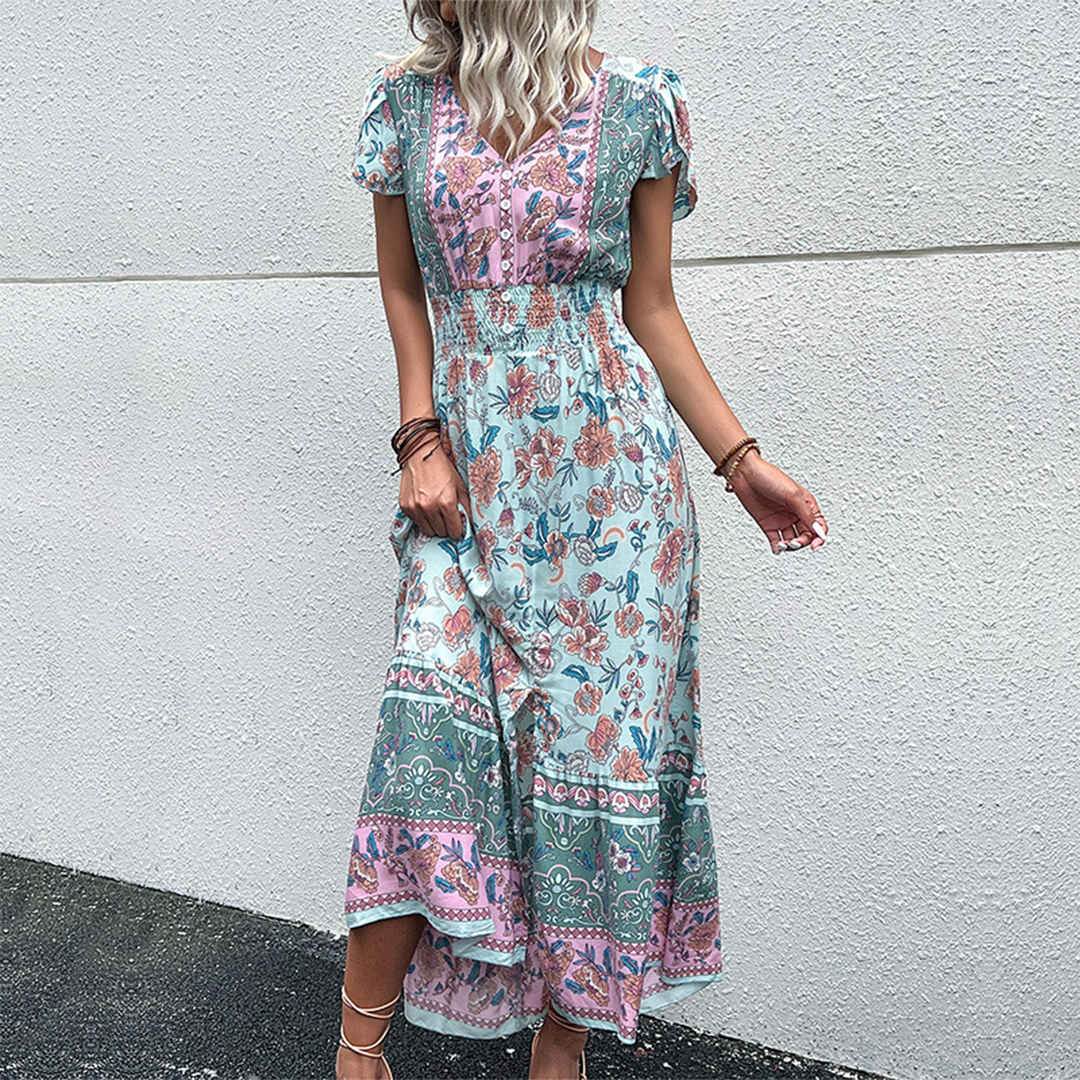 Women's Maxi Dress - Boho Floral Print - Short Ruffled Sleeves - Flowy Elastic Waist