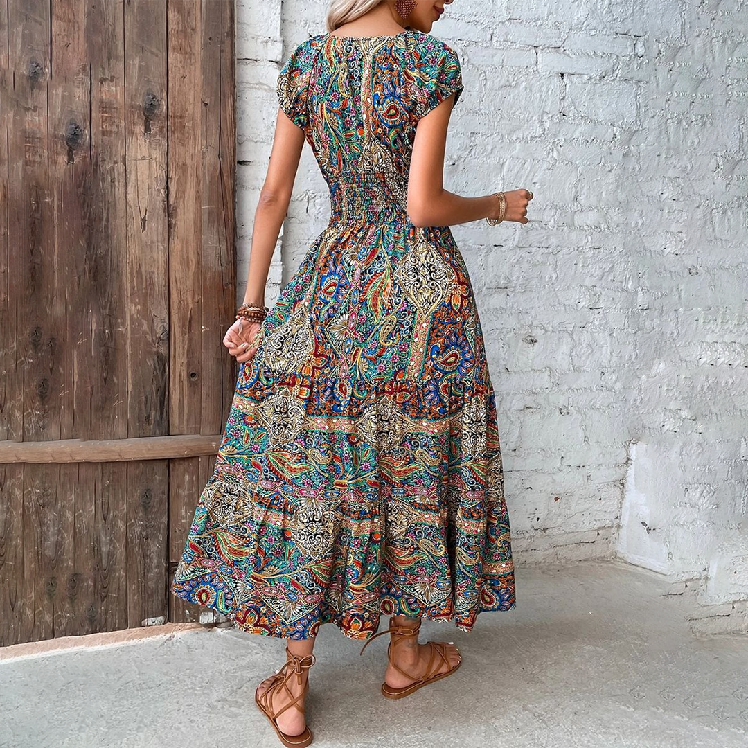 Women's Maxi Dress - Fit-and-Flare - V-Neck - Cap Sleeves - Smocked Bodice - Tiered Skirt