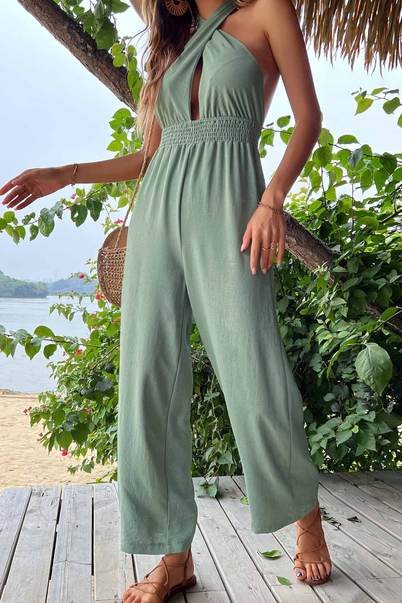 Women’s Halter Jumpsuit - Criss-Cross Keyhole Front - Elastic Waist - Wide-Leg Fit