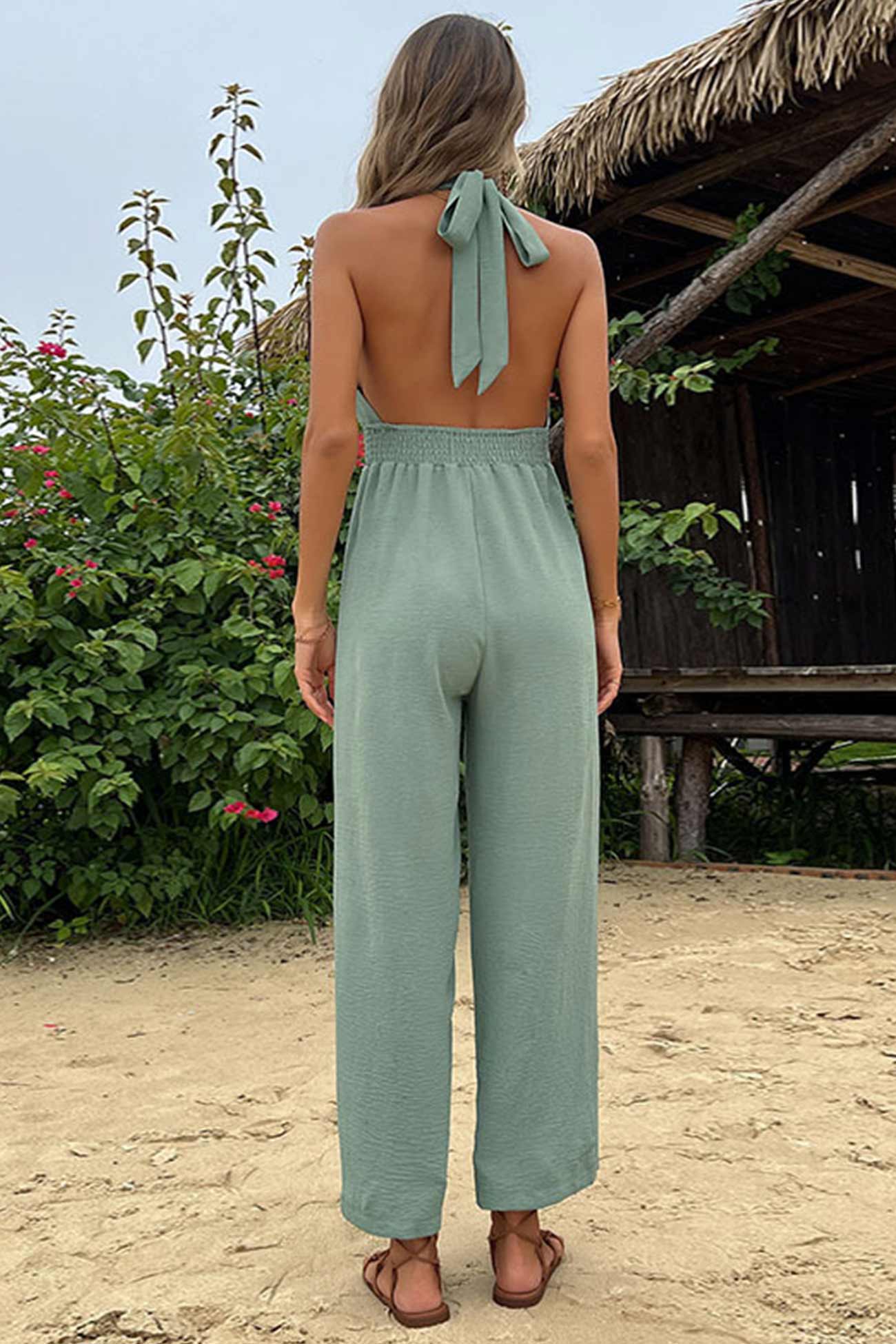 Women’s Halter Jumpsuit - Criss-Cross Keyhole Front - Elastic Waist - Wide-Leg Fit