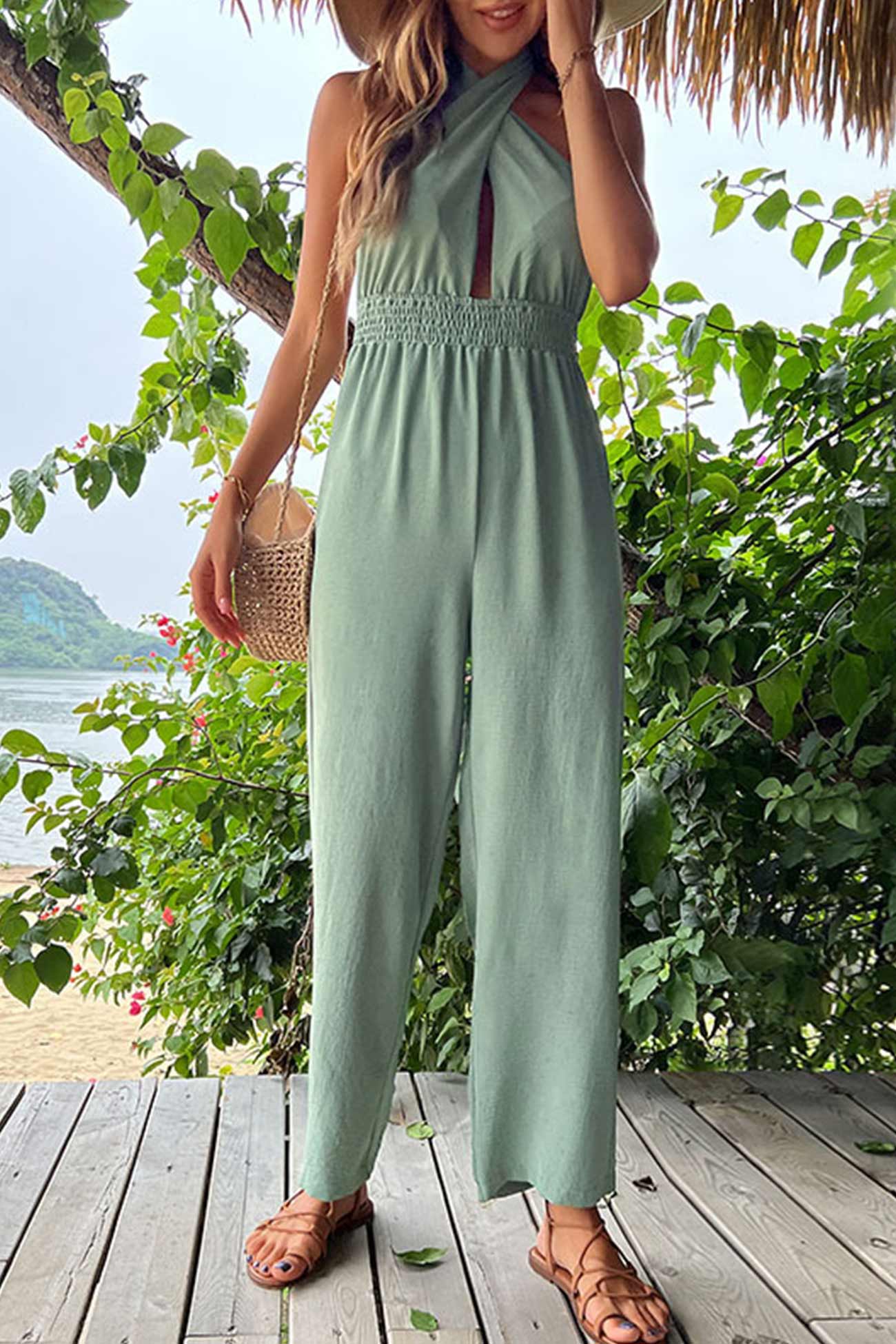 Women’s Halter Jumpsuit - Criss-Cross Keyhole Front - Elastic Waist - Wide-Leg Fit