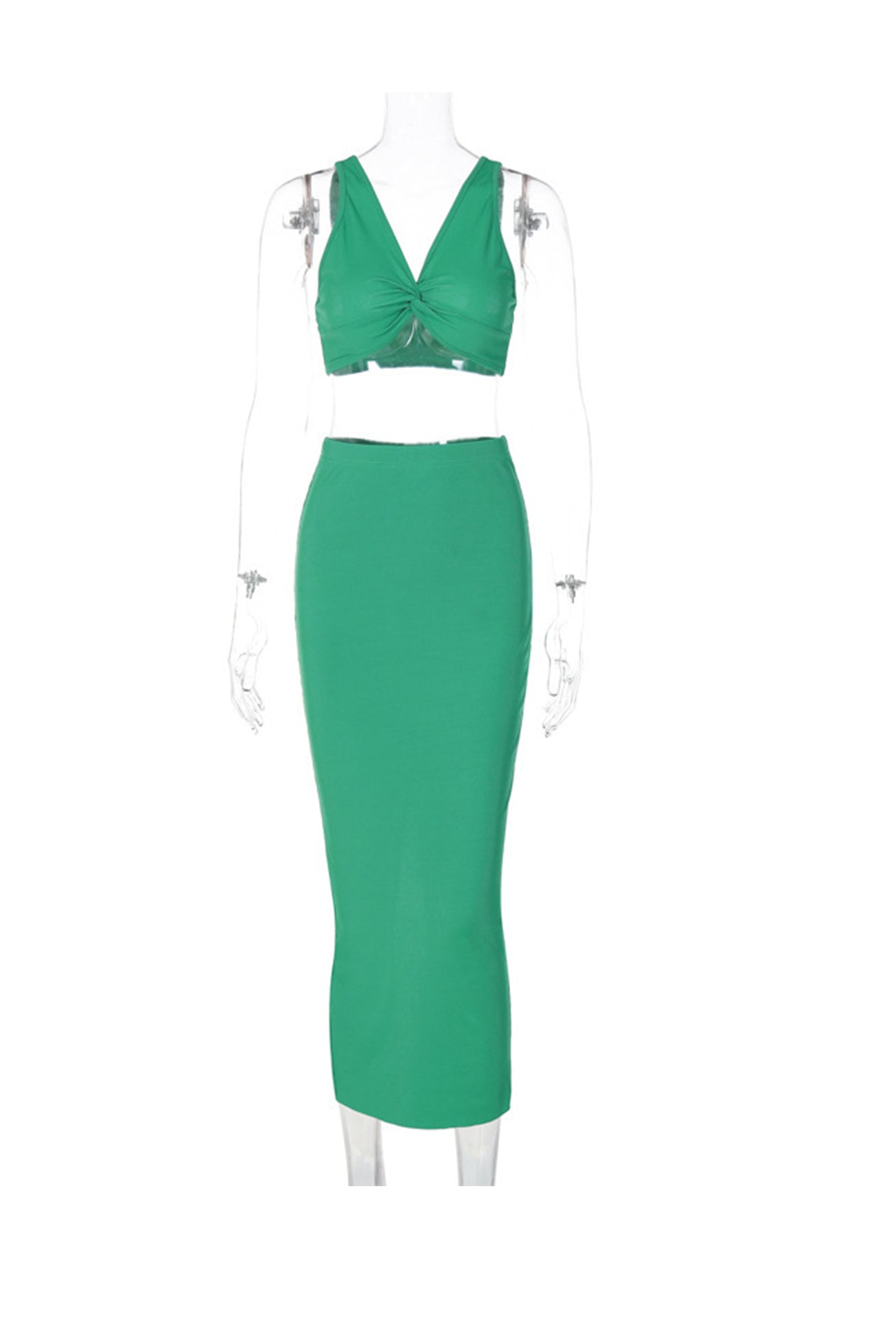 Mier - green twisted-front tank top slit midi skirt set