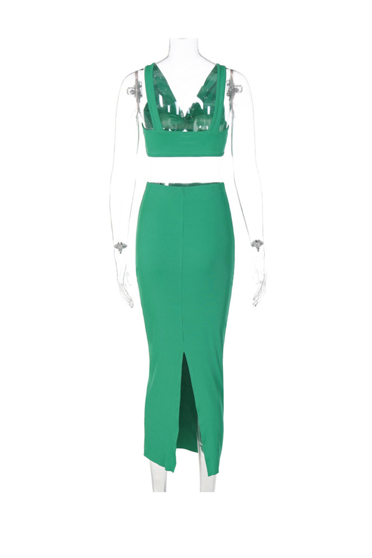 Mier - green twisted-front tank top slit midi skirt set