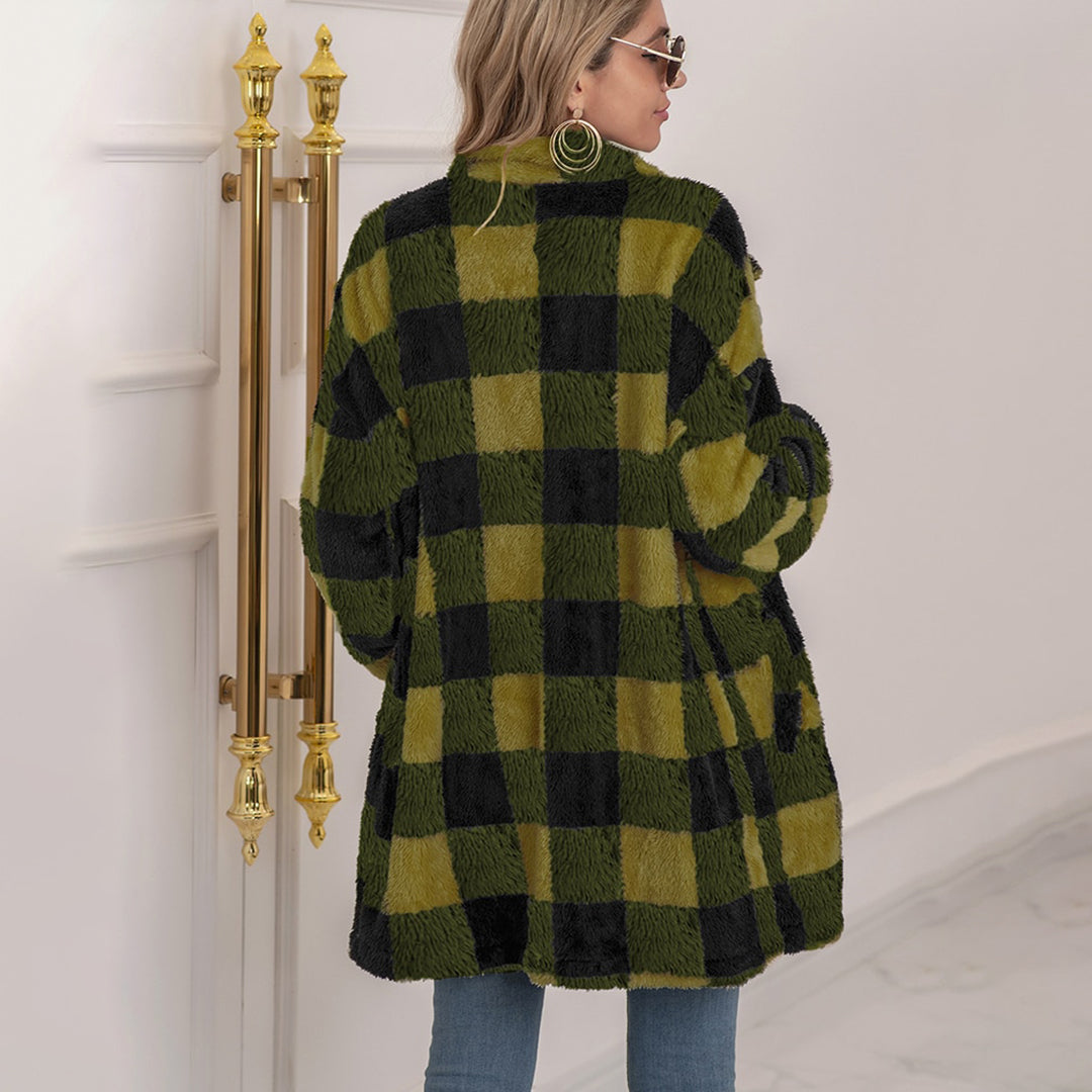 Women's plush plaid midi-length button-down coat