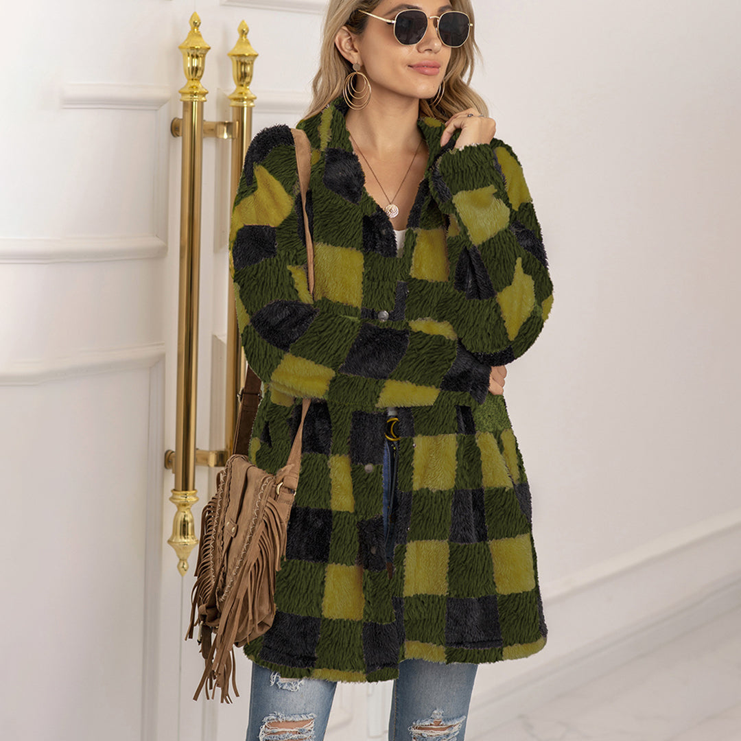 Women's plush plaid midi-length button-down coat