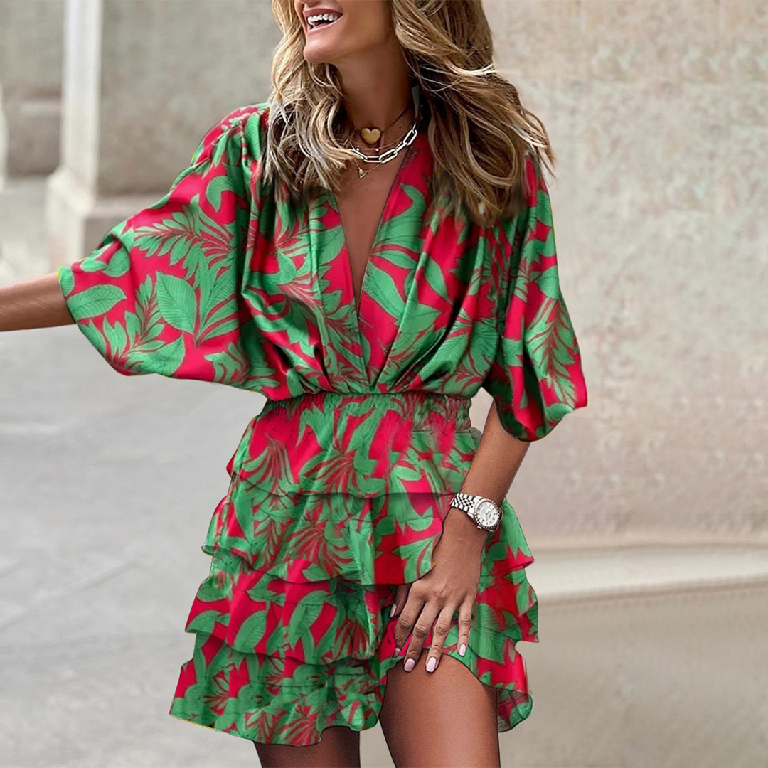 Women's Mini Dress - Tropical Leaf Print - Deep V-Neck - Cinched Waist - Ruffled Hem