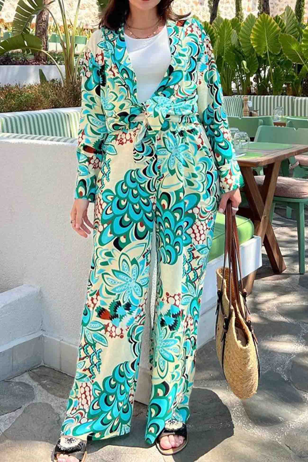 Women's Two-Piece Set - Kimono-Style Top & Wide-Leg Pants - Tie Waist - Boho Chic