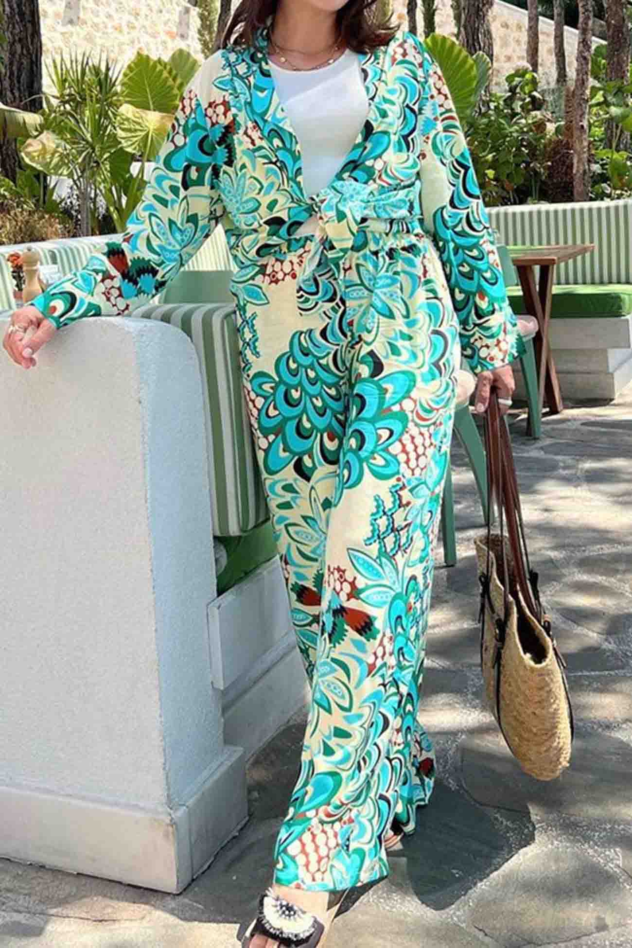 Women's Two-Piece Set - Kimono-Style Top & Wide-Leg Pants - Tie Waist - Boho Chic