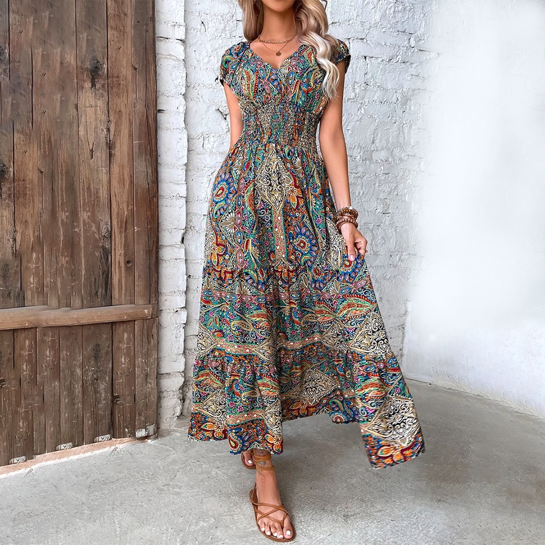 Women's Maxi Dress - Fit-and-Flare - V-Neck - Cap Sleeves - Smocked Bodice - Tiered Skirt