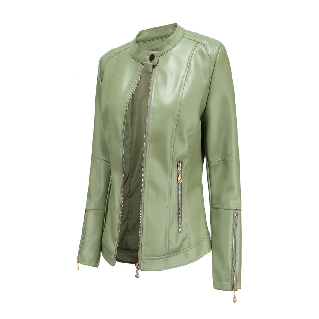 Women's leather short jacket with stand collar