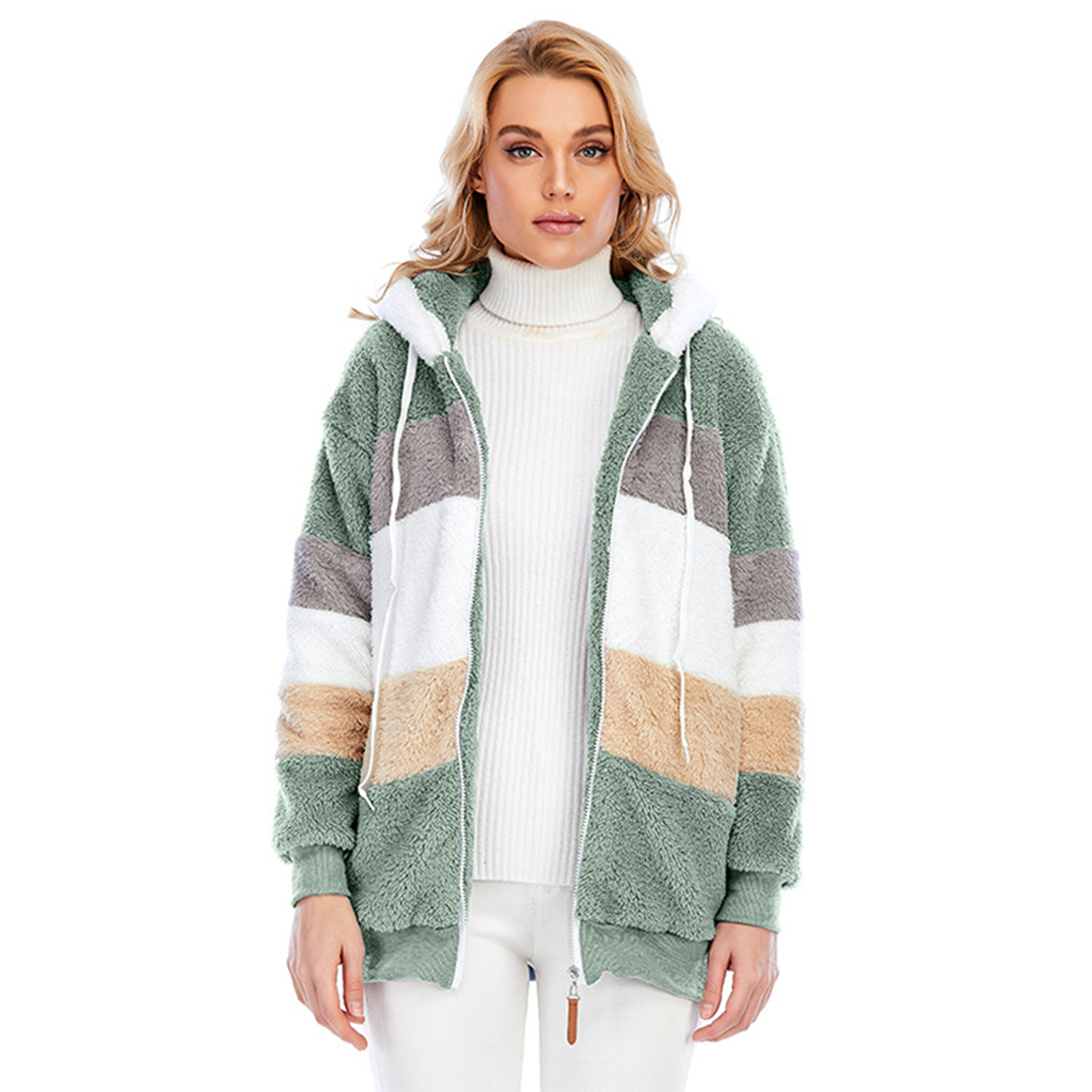 Plush hooded zipper jacket for women