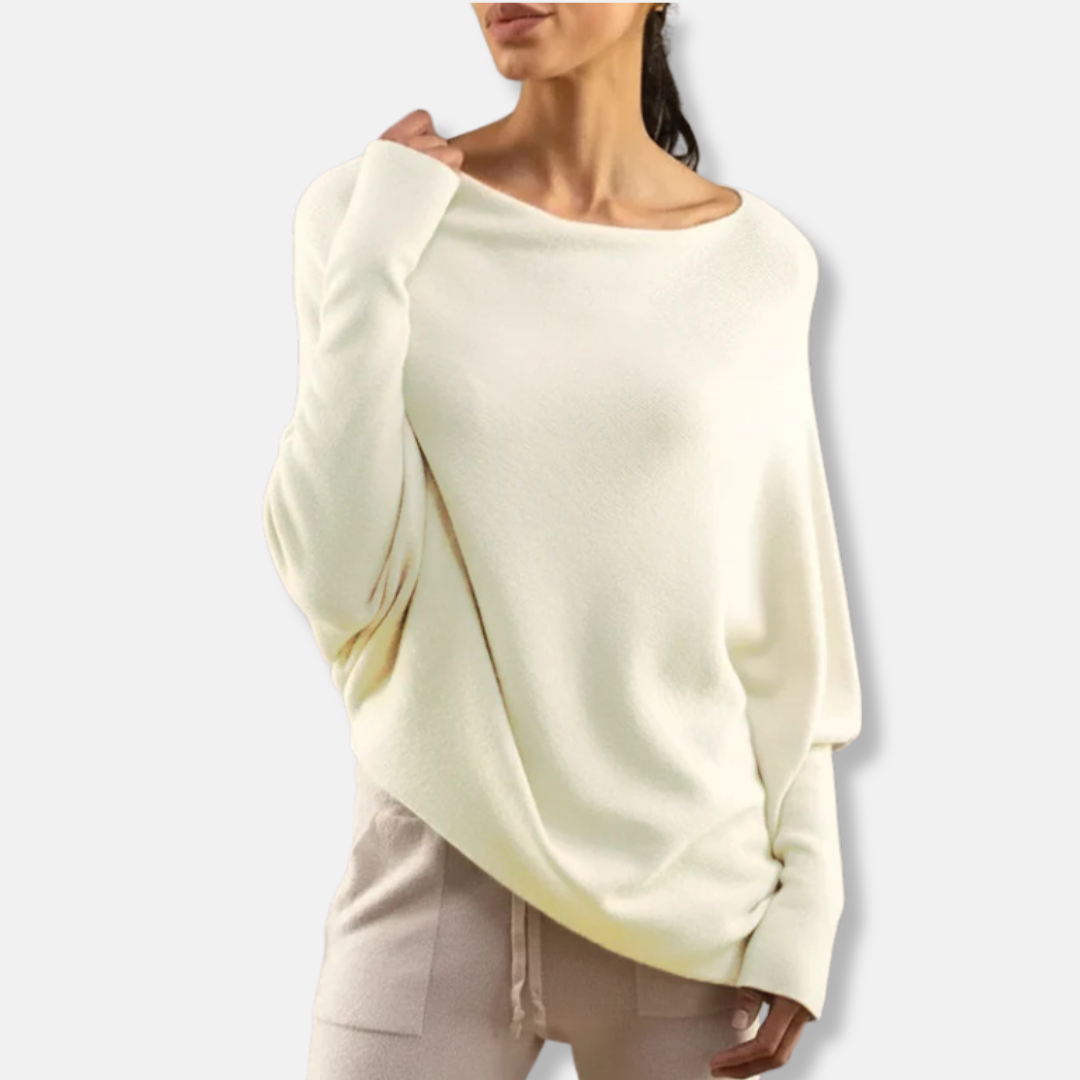 Women’s Knitted Top - Oversized Fit - Boat Neck - Ribbed Cuffs