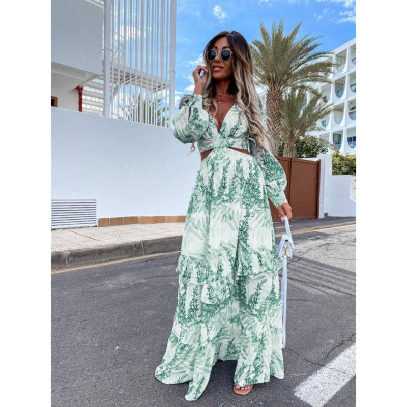 Women’s Maxi Dress - V-Neck - Long Sleeve - Waist Cut-Out - Flowy Floral Design