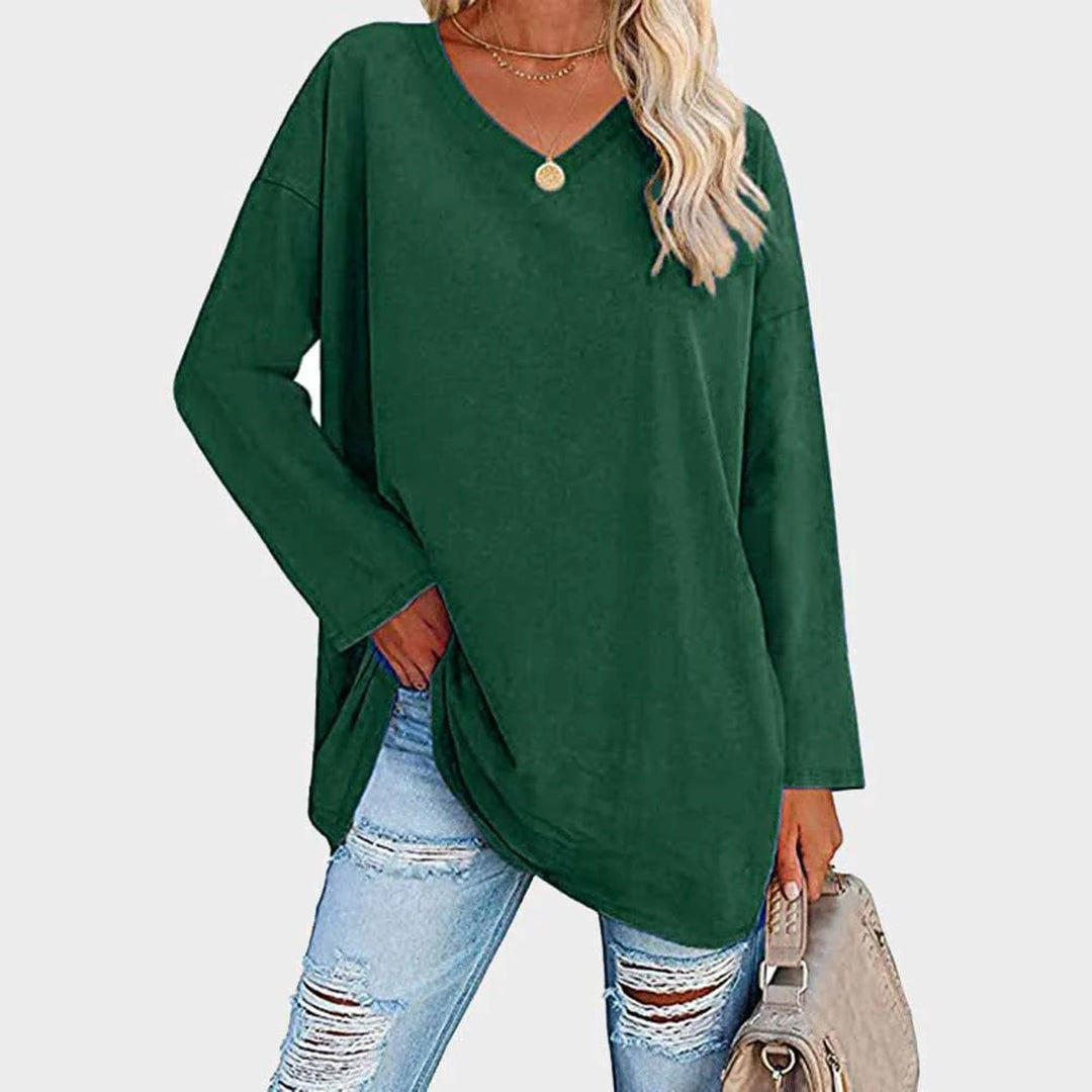 Women's Long-Sleeve Sweater - Loose Fit V-Neck - Soft Knit Casual Tunic