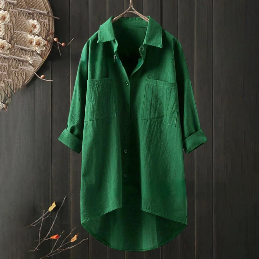 Women's Linen Button-Up Shirt - Oversized Fit - Long Sleeve - High-Low Hem - Casual Wear
