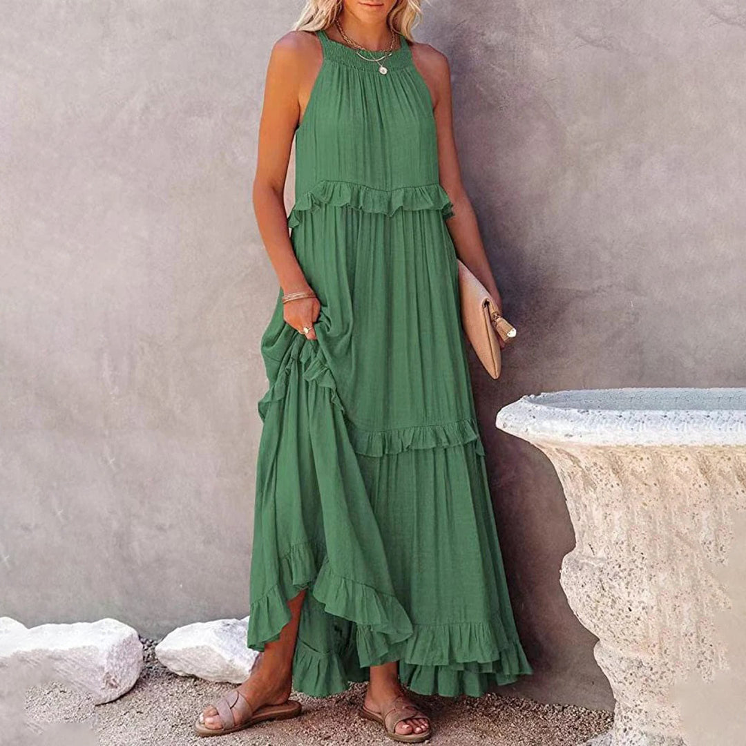 Women's Maxi Dress - Halter Neck - Flowy Fit - Ruffle Trim Elegant Full-Length