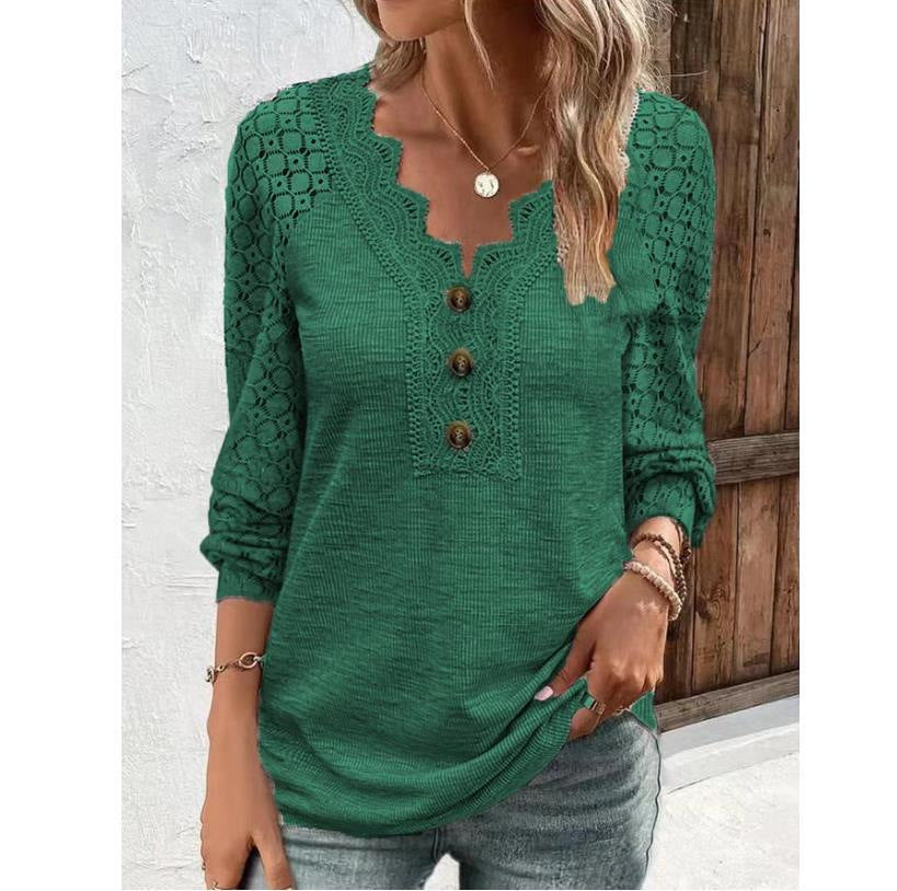 Women's Blouse - Long Sleeve V-Neck - Crochet Lace Detail - Button Down Elegant