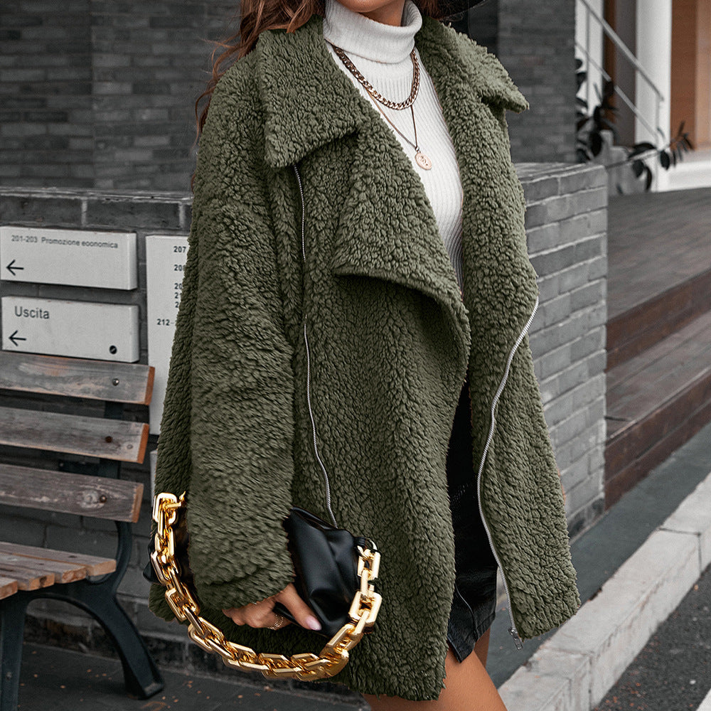 Oversized sherpa jacket with lapel collar for women