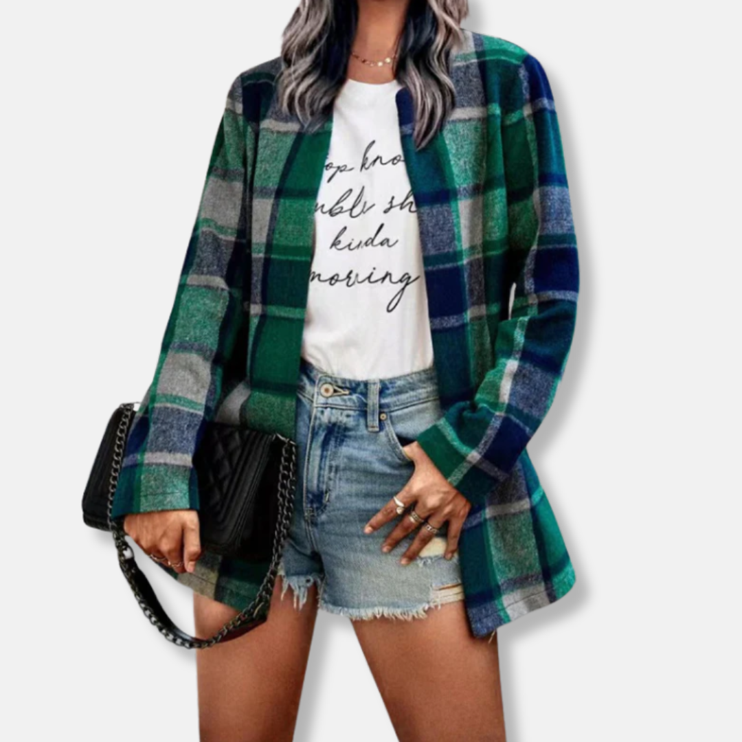 Women’s Cardigan Coat – Oversized Fit – Wool Feel – Plaid Print – Open Front – Long Sleeve