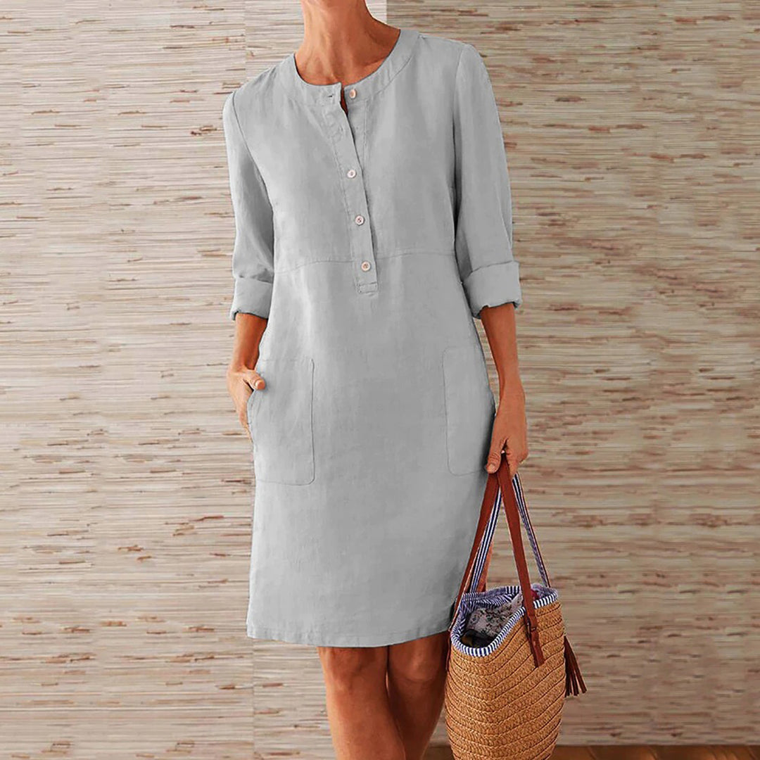 Women's Casual Dress - Knee-Length Shift Fit - Button Front - Long Sleeves