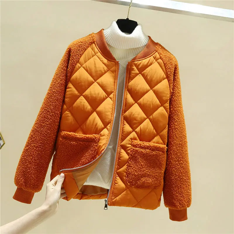 Women's Quilted Jacket - Soft Textured Sleeves - Ribbed Collar - Zip Front with Pockets