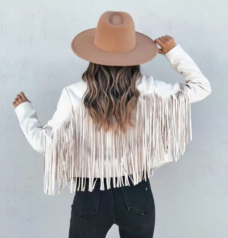 Women’s Suede Fringe Jacket - Cropped Tailored Fit - Open Front - Notched Lapel