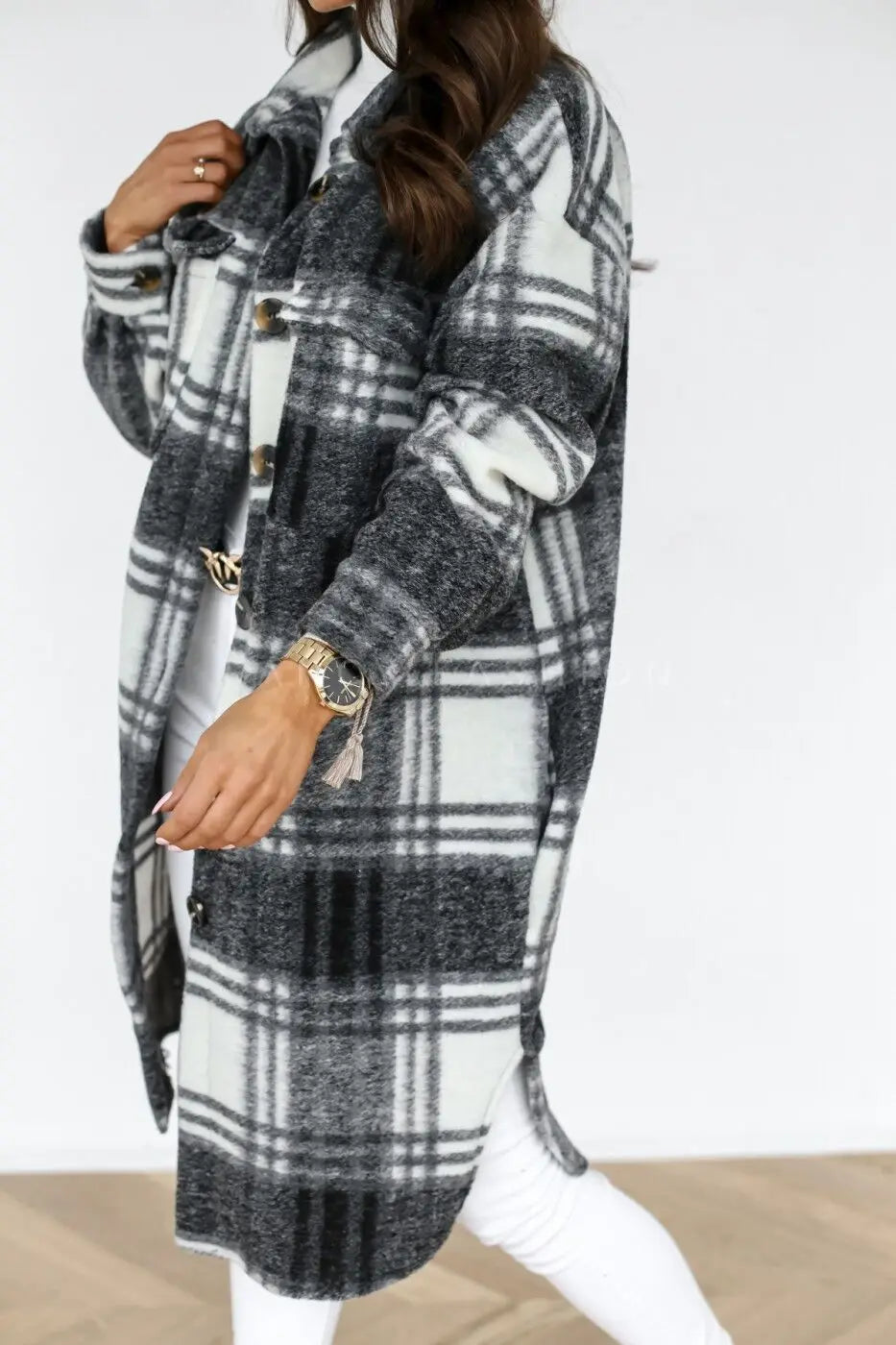 Women's plaid printed button down mid-length jacket