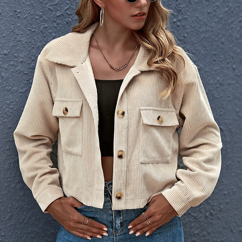Women’s Cropped Jacket - Corduroy Ribbed Texture - Button Down - Turn-Down Collar