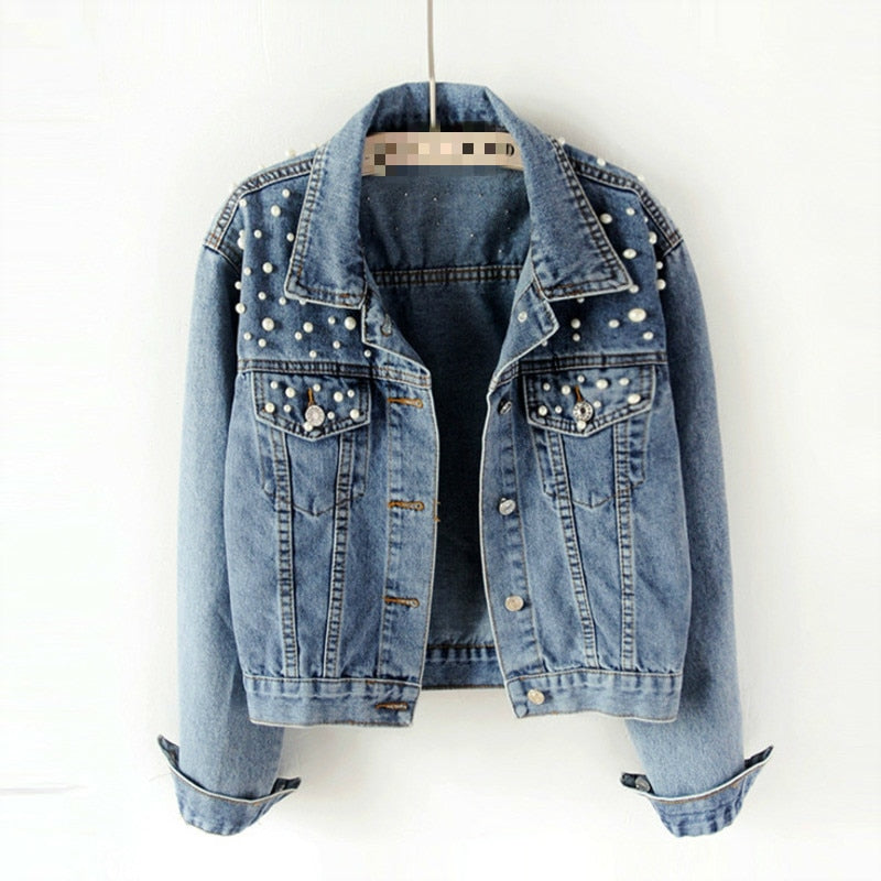 Women denim jacket with bead accents